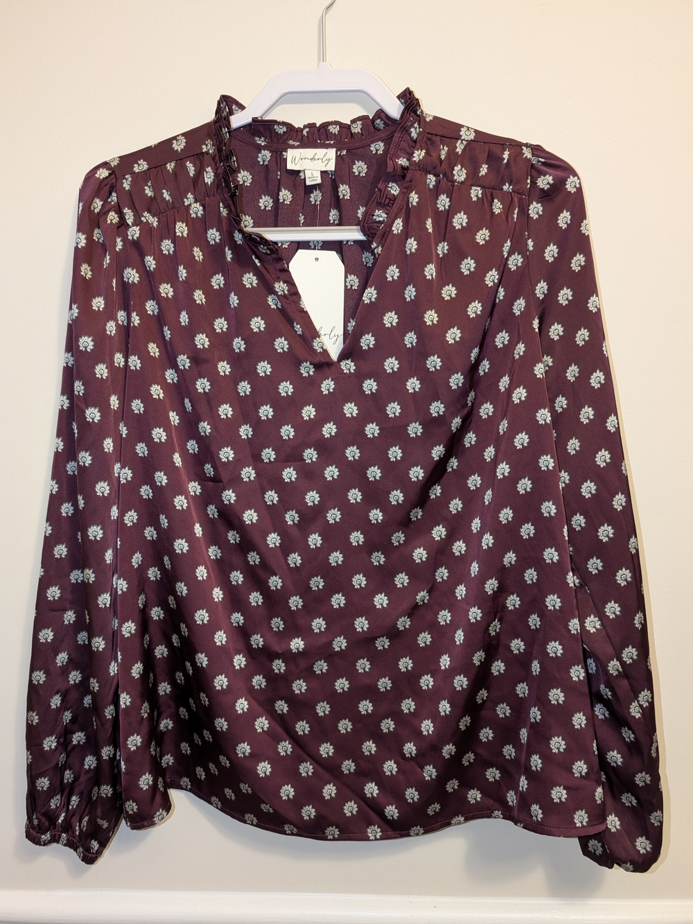 Wonderly Burgundy Floral Ruffle Neck Blouse Size L